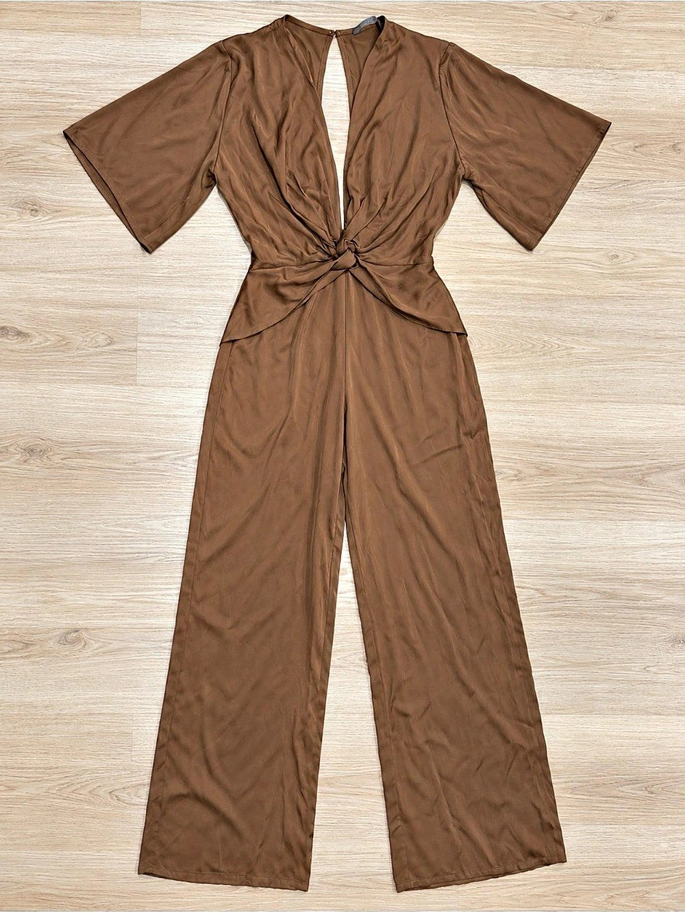 Zara Satin Effect Twisted Detail Plunging Neckline Jumpsuit Brown XS